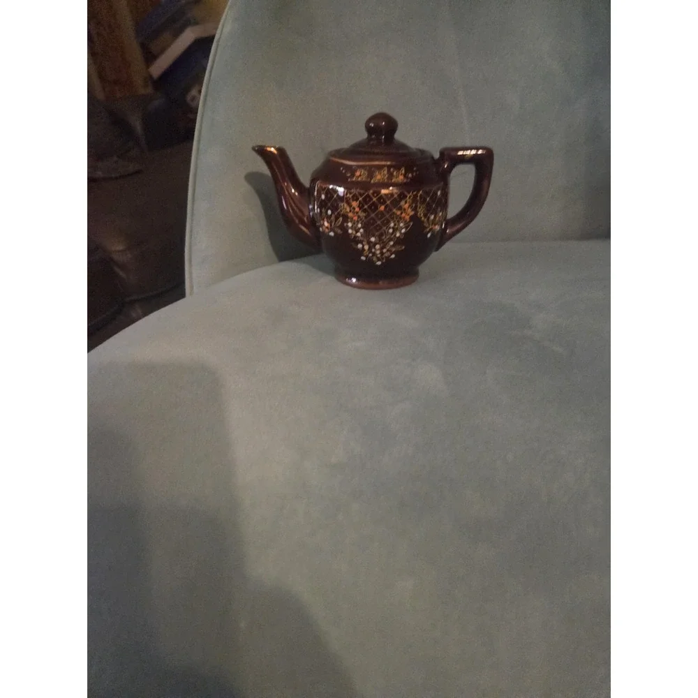 Vtg Brown Betty Redware Teapot Moriage Enamel Hand Painted Japan Set Of 4